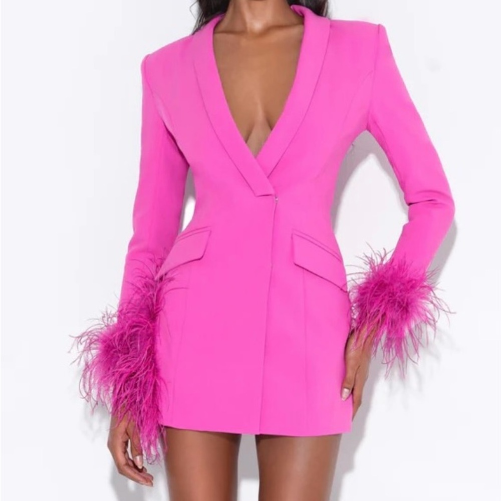 Elegant Pink Feather-Trimmed Blazer Dress